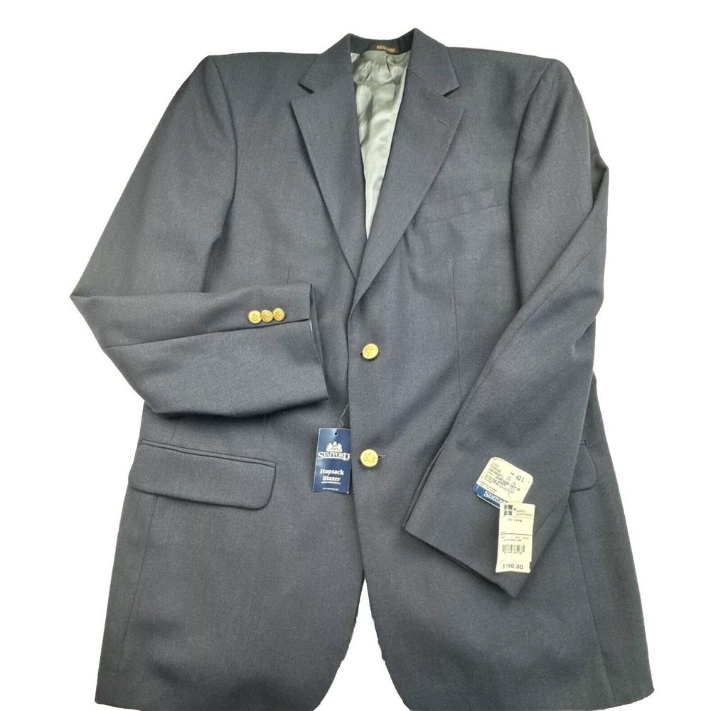 Stafford Blazer Mens 42L Long Classic Fit‎ Navy Blue Hopsack Wool Blend *READ*